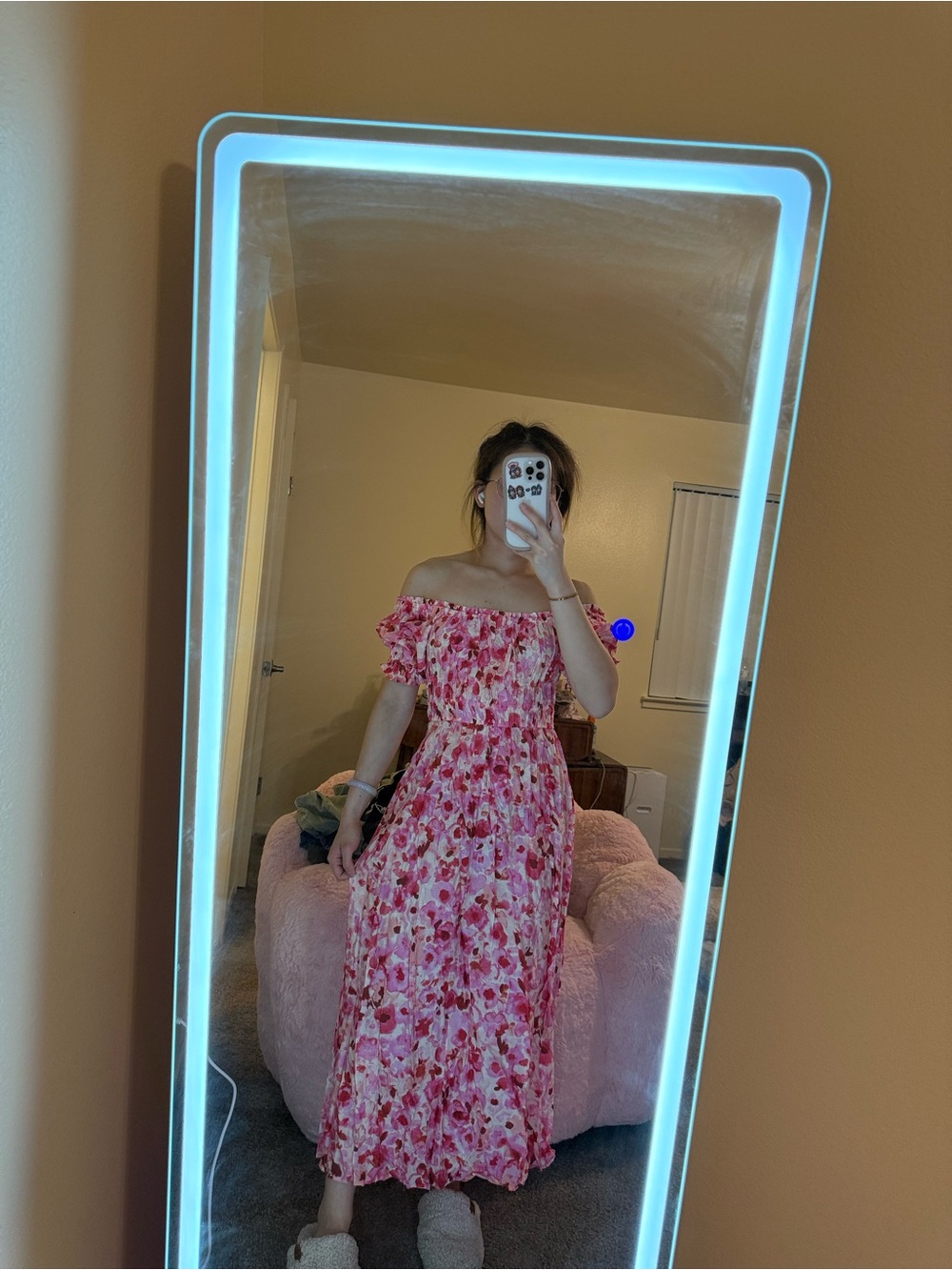 H&M Pink Floral Off-Shoulder Midi Dress